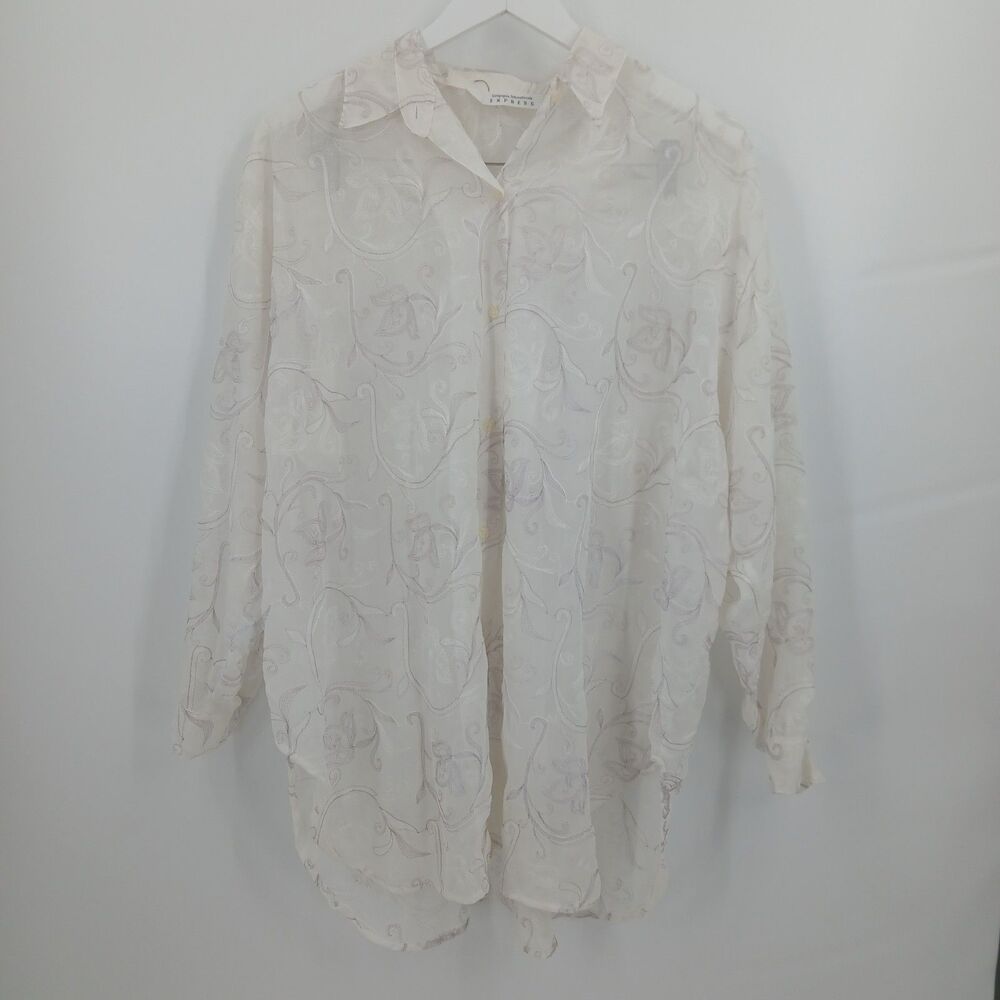 90s Compagnie Internationale EXPRESS Cream Sheer Embroidered Blouse size Medium